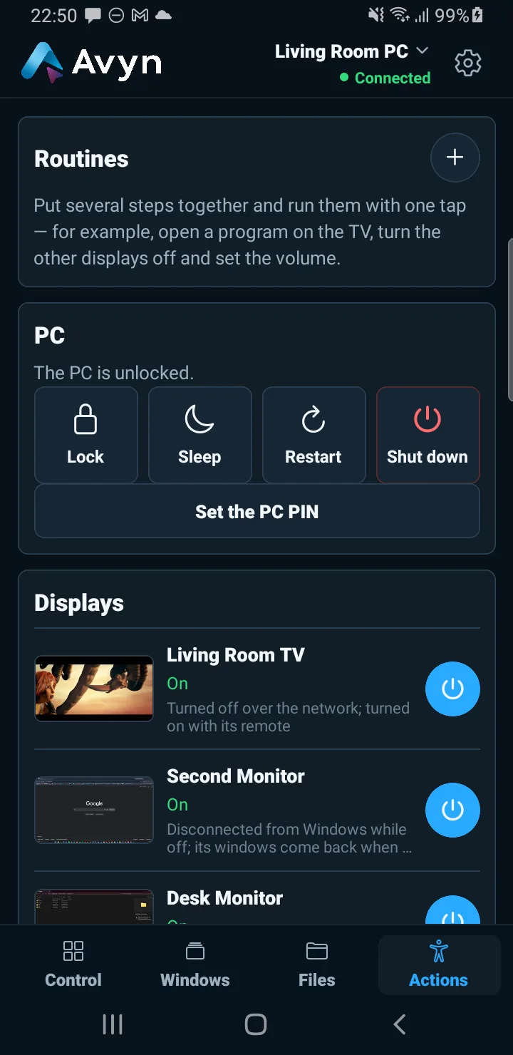 Avyn Android: PC power and display controls