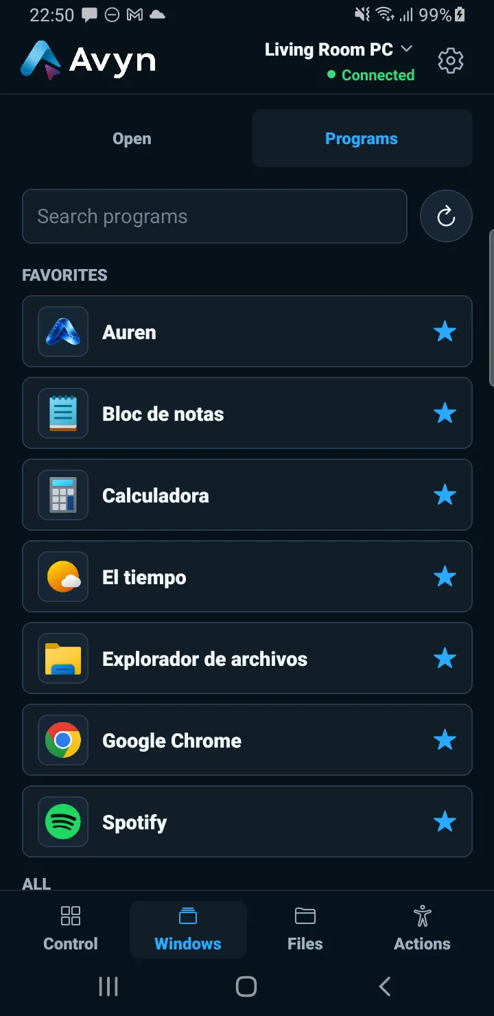 Avyn Android: programs and favorites in demo mode
