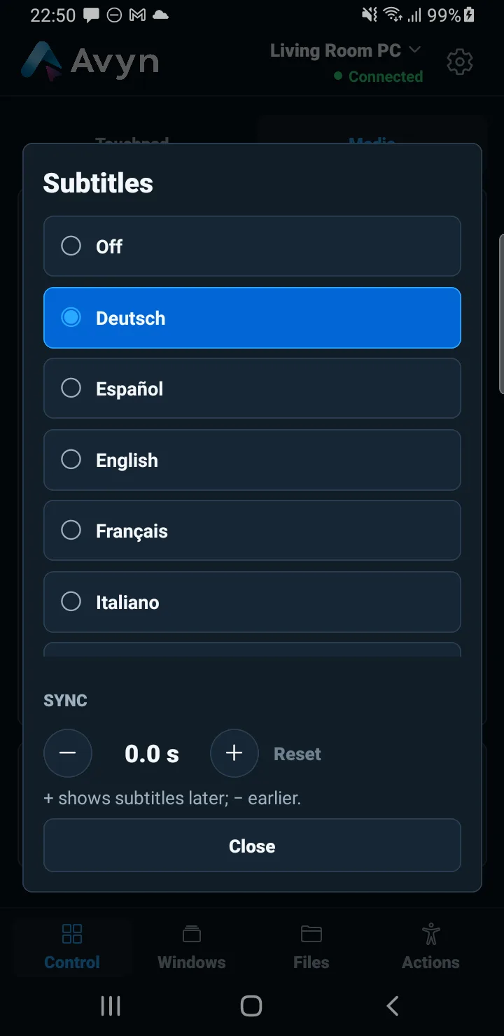 Avyn Android: Auren subtitle controls
