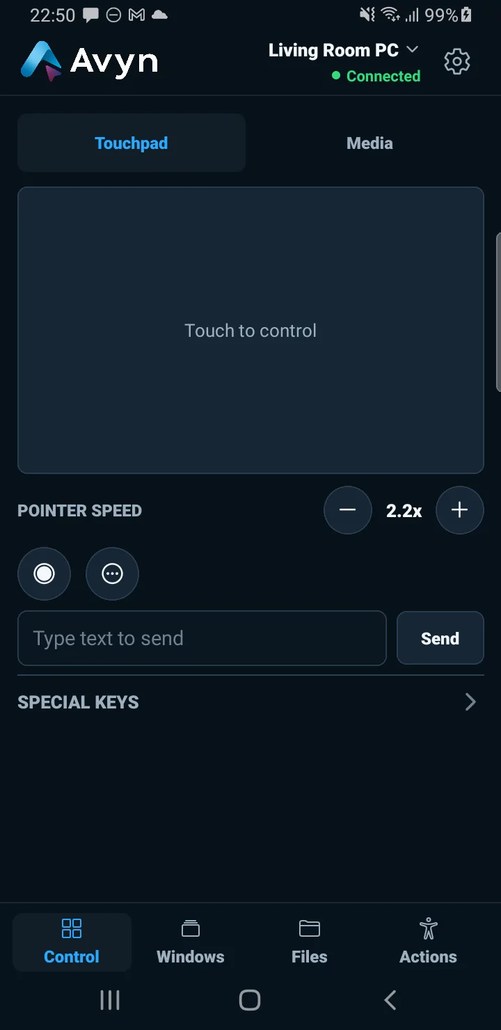 Avyn Android: touchpad and keyboard in demo mode
