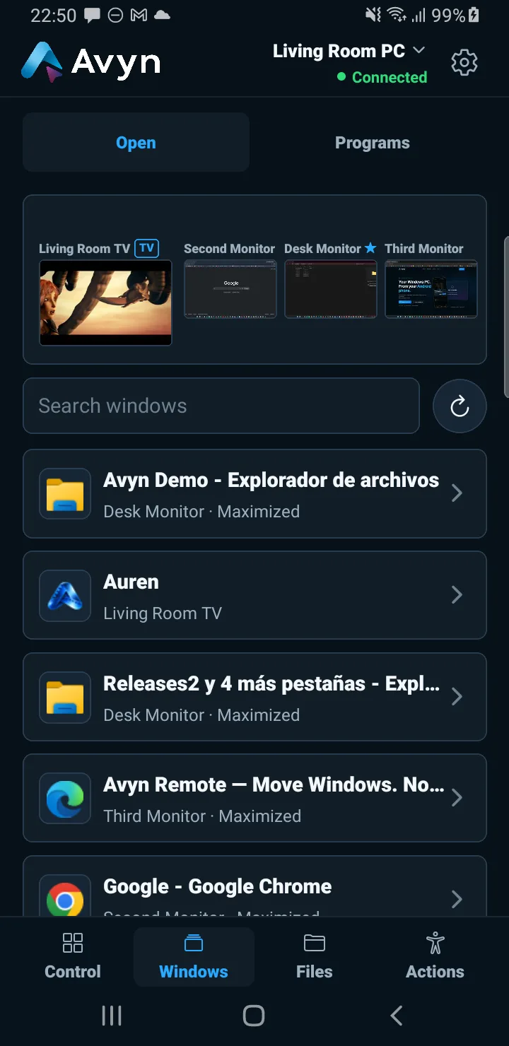 Avyn Android: windows and connected displays