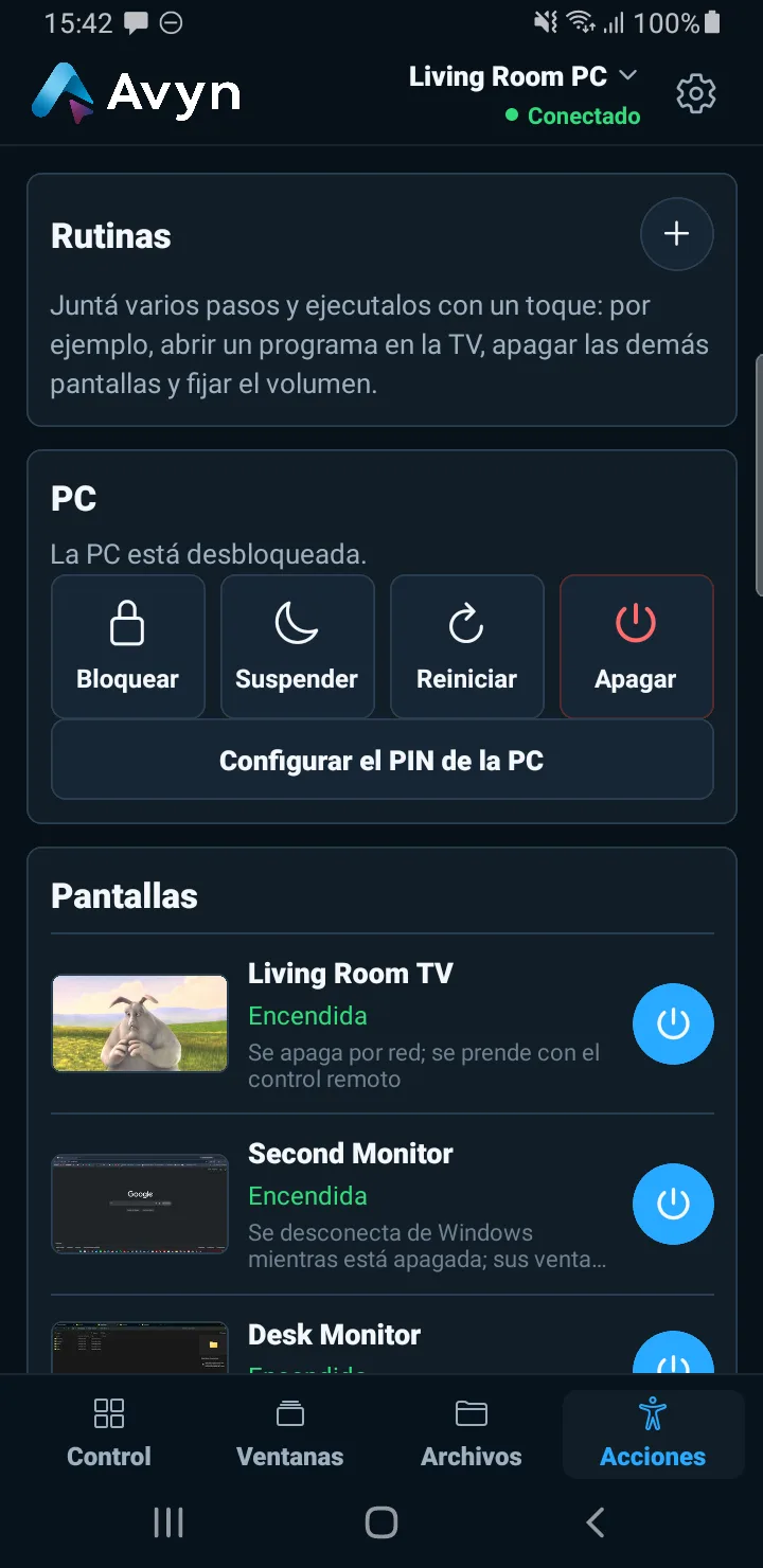Avyn Android: controles de energía de la PC y las pantallas