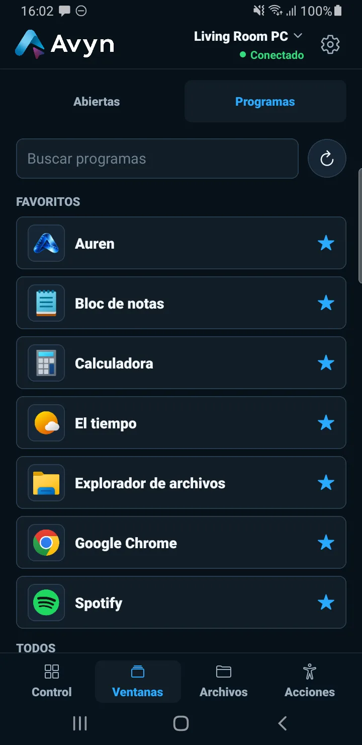 Avyn Android: programas y favoritos en modo demo