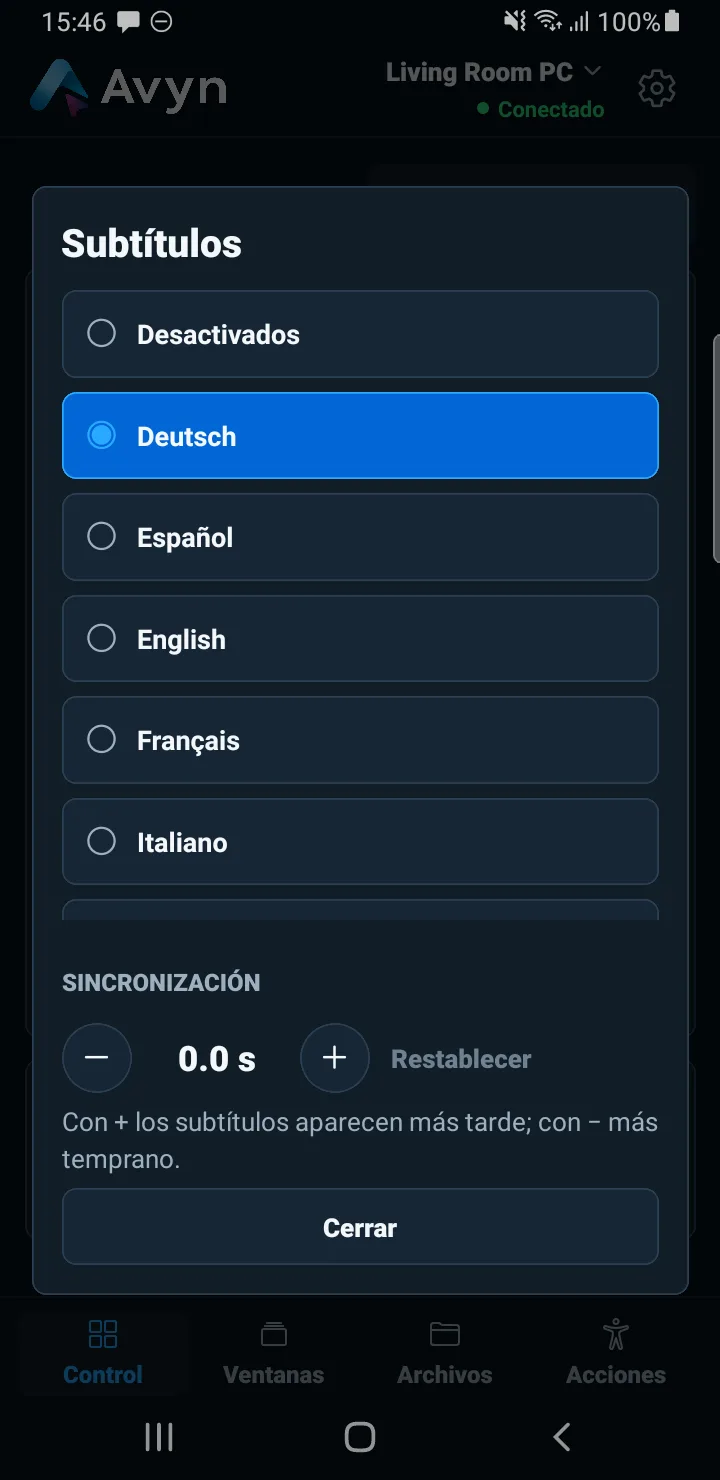 Avyn Android: controles de subtítulos de Auren