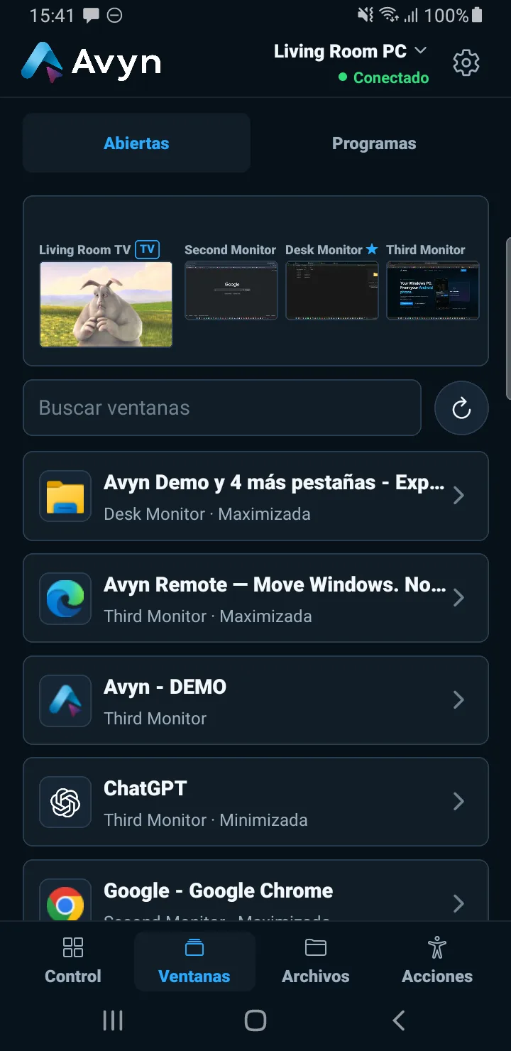 Avyn Android: ventanas y pantallas conectadas